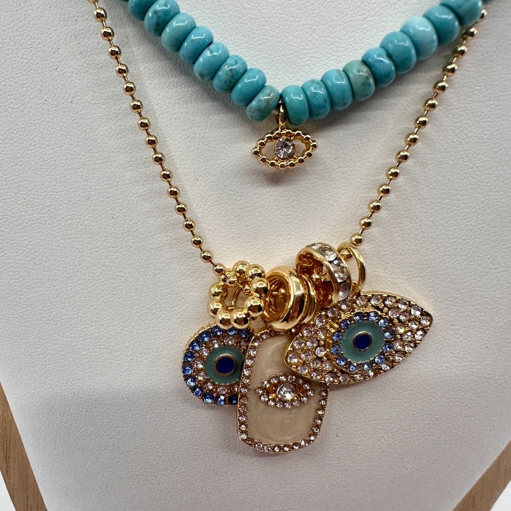 Turquoise & Gold Tone Beaded Evil Eye Layered Necklace Rhinestone Bohemian Gift